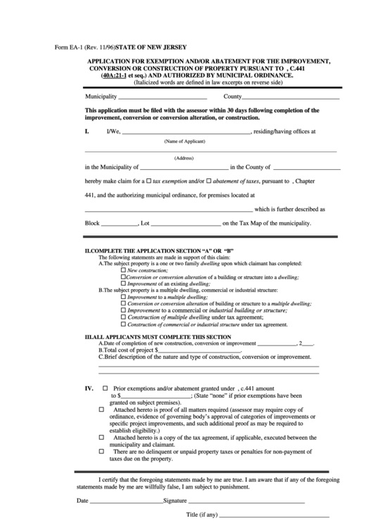 Application For Exemption And/or Abatement For The Improvement Printable pdf