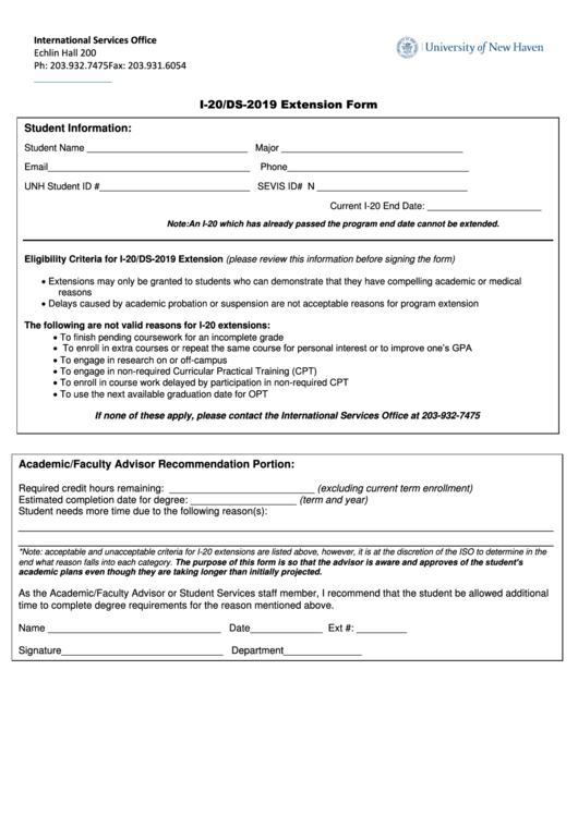 University Of New Haven I-20/ds-2019 Extension Form Printable pdf