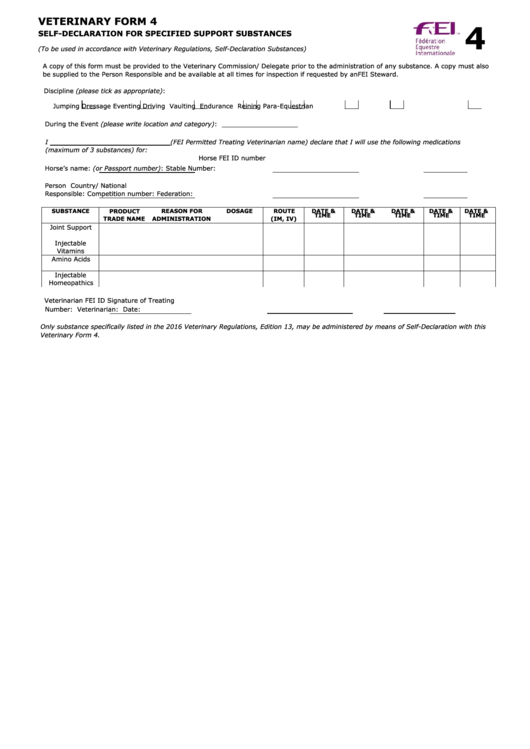 Veterinary Form 4 - Self-Declaration For Specified Support Substances Printable pdf
