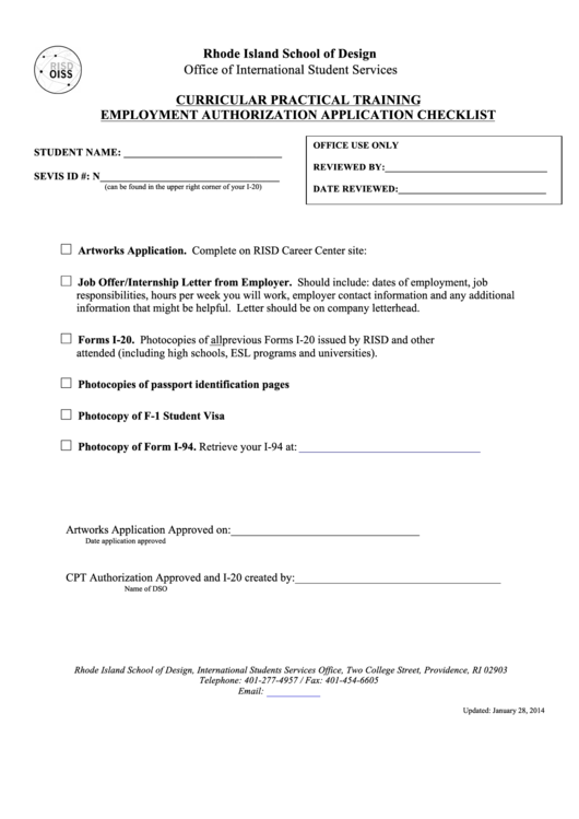 Curricular Practical Training Employment Authorization Application Checklist Printable pdf
