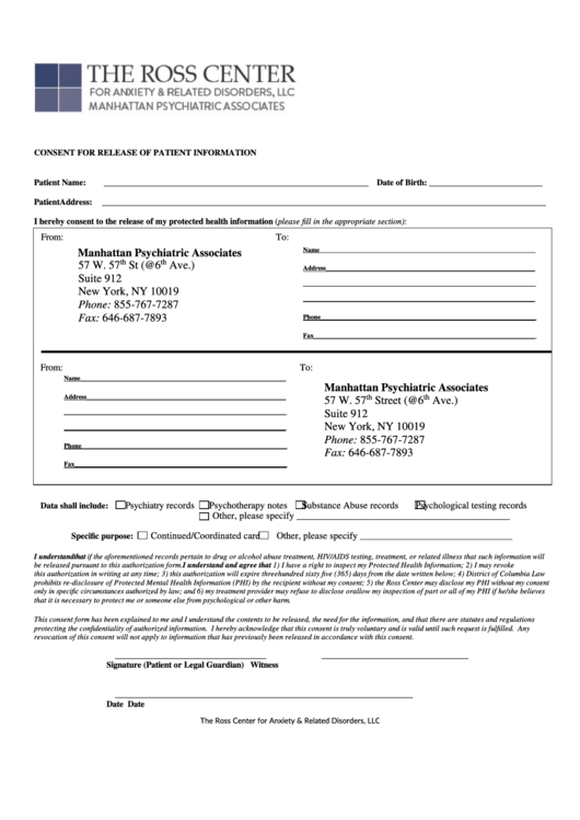 Fillable Ross Center Consent For Release Of Patient Information Printable pdf