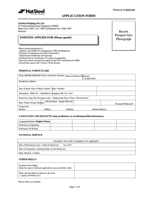 Job Application Form - Natsteel Printable pdf