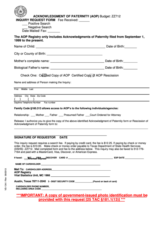 Acknowledgment Of Paternity (Aop) Inquiry Request Form - Texas Department Of State Printable pdf