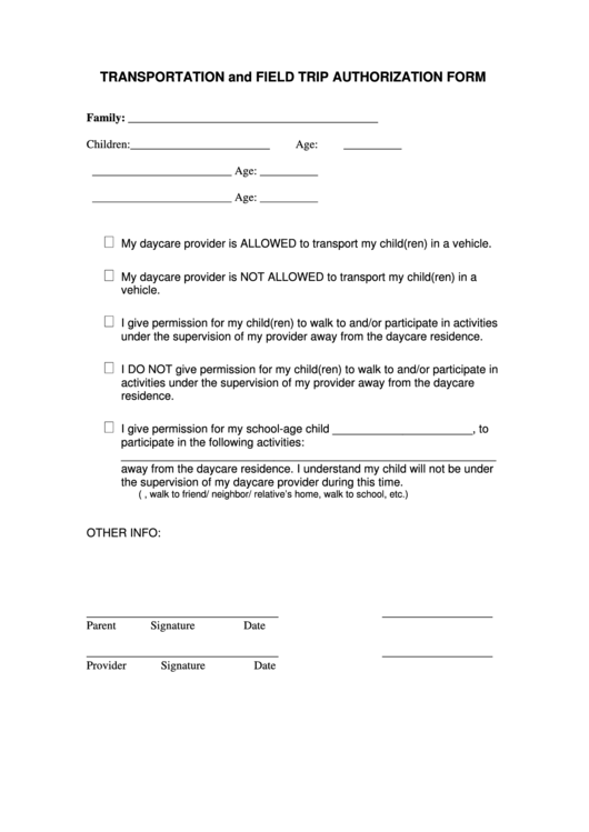 Transportation And Field Trip Authorization Form