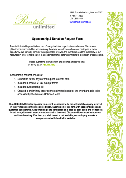 Sponsorship Donation Request Form - Rentals Unlimited Printable pdf