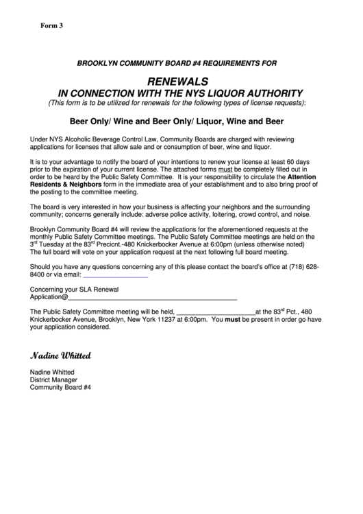 Renewals In Connection With The Nys Liquor Authority Printable pdf