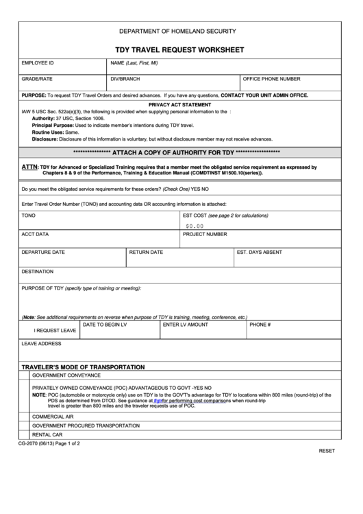 Fillable Form Cg-2070 - Us Coast Guard Tdy Travel Request Worksheet Printable pdf