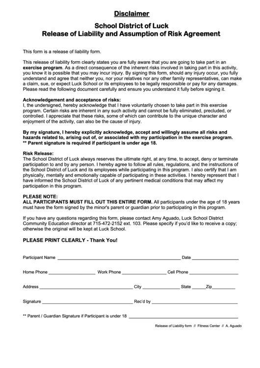 Fillable Fitness Center Release Of Liability Form - Luck School District Printable pdf
