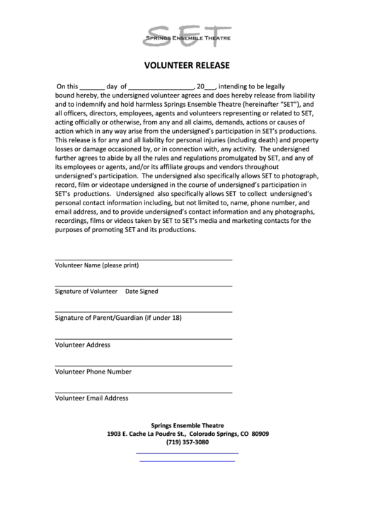 Liability Release Form - Springs Ensemble Theatre Printable pdf