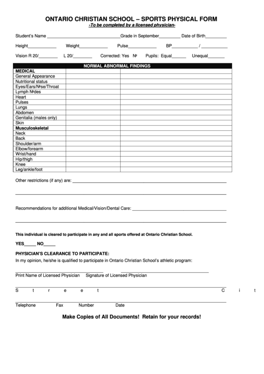 Sports Physical Form - Ontario Christian Schools Printable pdf