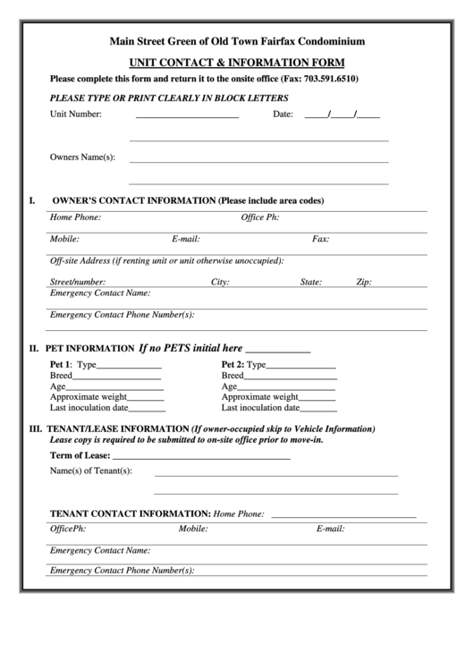 Unit Contact And Information Form Printable pdf