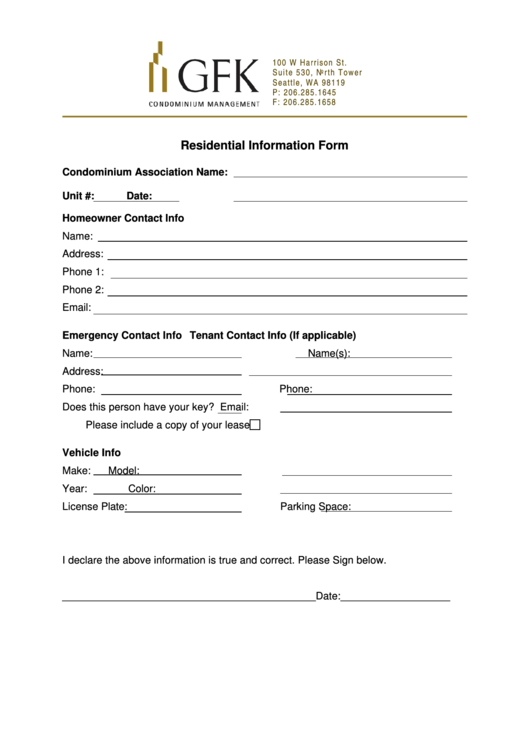 Fillable Residential Information Form - Gfk Condominium Management Printable pdf