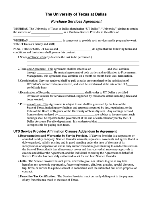 Fillable The University Of Texas At Dallas Purchase Services Agreement Printable pdf