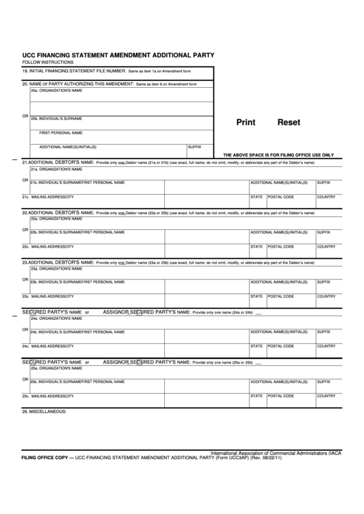 Fillable Form Ucc3ap - Ucc Financing Statement Amendment Additional Party Template Printable pdf