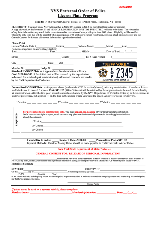 Fillable Nys Fraternal Order Of Police - License Plate Program Application Printable pdf