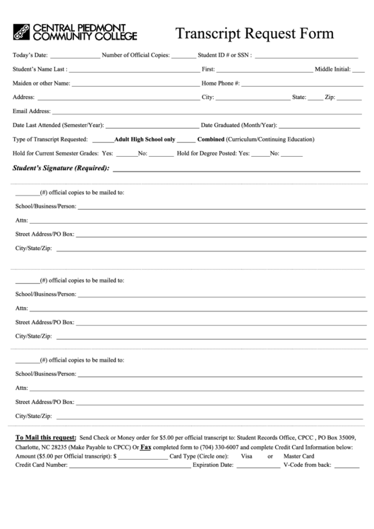 Transcript Request Form Printable pdf