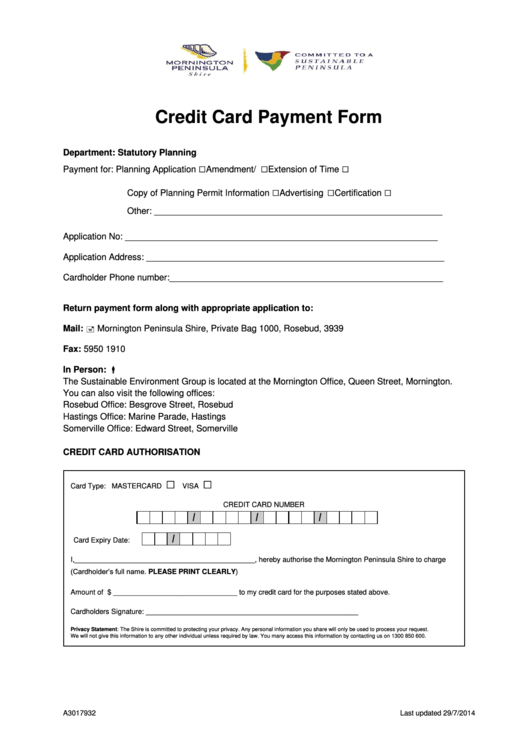 Credit Card Payment Form - Mornington Peninsula Shire Printable pdf