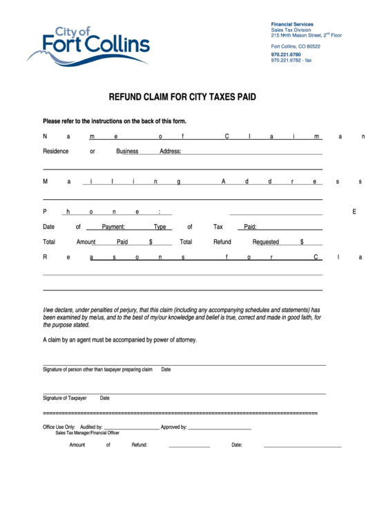 Refund Claim Form - City Of Fort Collins Printable pdf