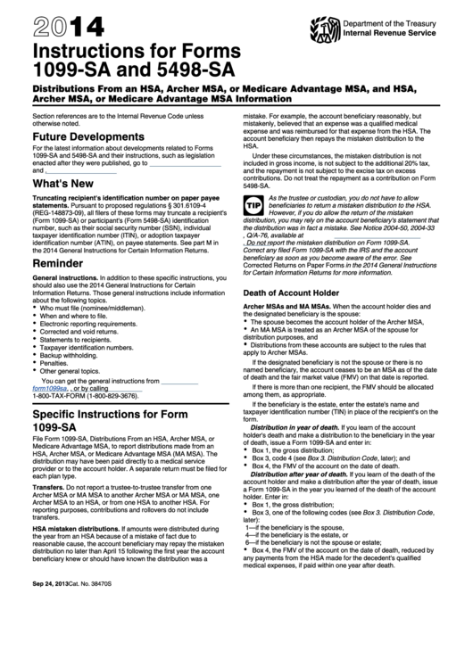 Instructions For Forms 1099-Sa And 5498-Sa - 2014 Printable pdf