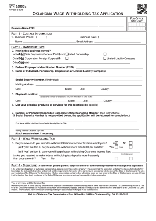 Form Wth 10006 - Oklahoma Wage Withholding Tax Application