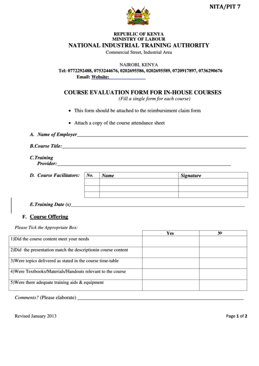 Course Evaluation Form For In-House Courses Printable pdf