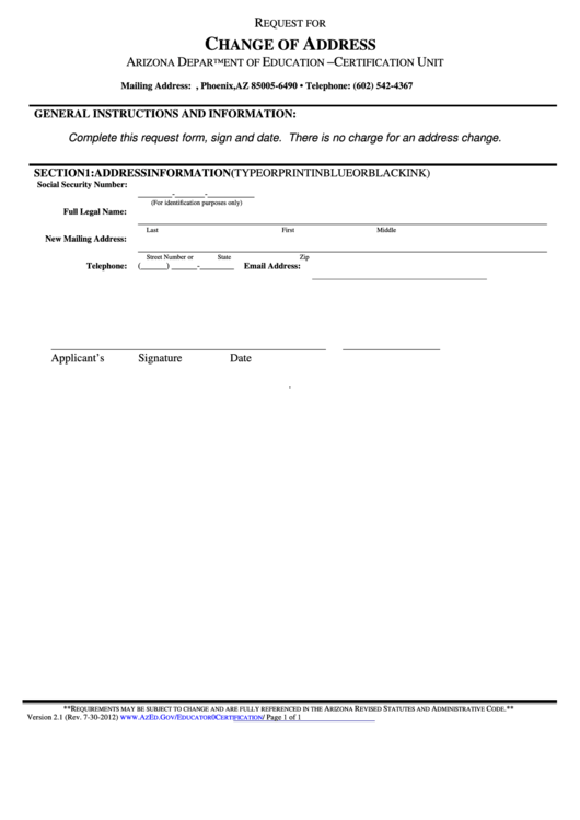 Change Of Address Arizona Department Of Education Printable pdf