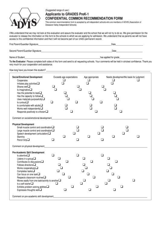 K1 Recommendation Form - The Association Of Delaware Valley Printable pdf