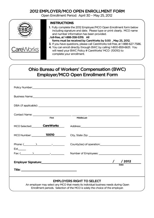 2012 Employer/mco Open Enrollment Form Printable pdf