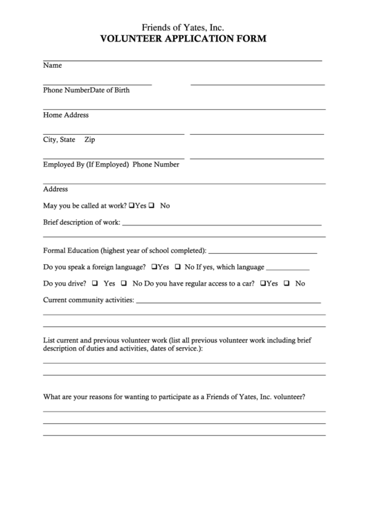 Sample Volunteer Application Form - Friends Of Yates Printable pdf