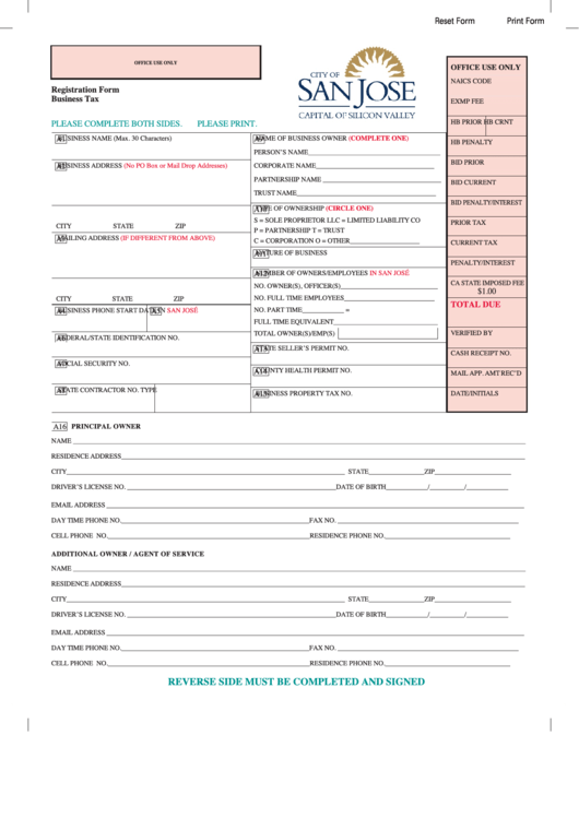 Fillable Business Tax Registration Form - City Of San Jose Printable pdf