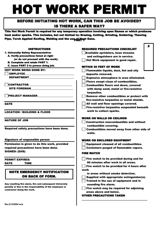 Hot Work Permit Template Word