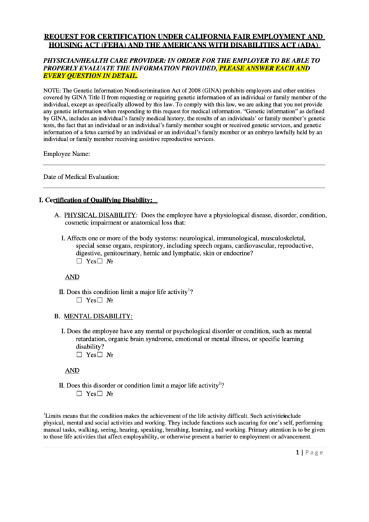 Request For Certification Under California Fair Employment And Housing Act Printable pdf