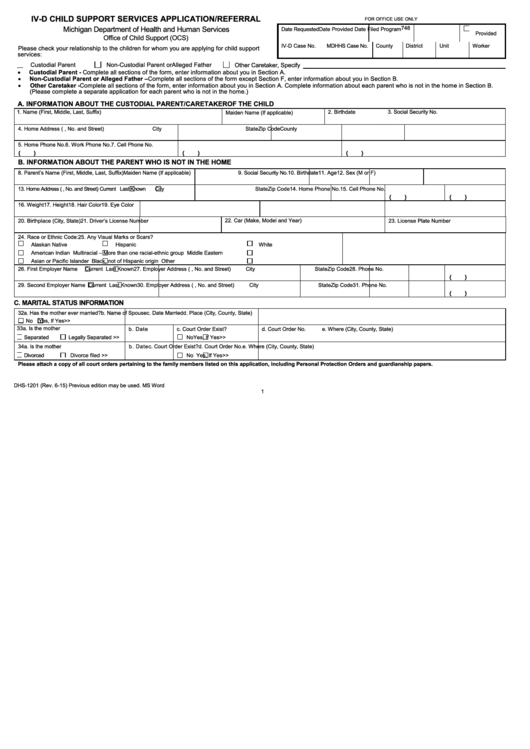 Fillable Ivd Child Support Services Application Or Referral - State Of Michigan Printable pdf