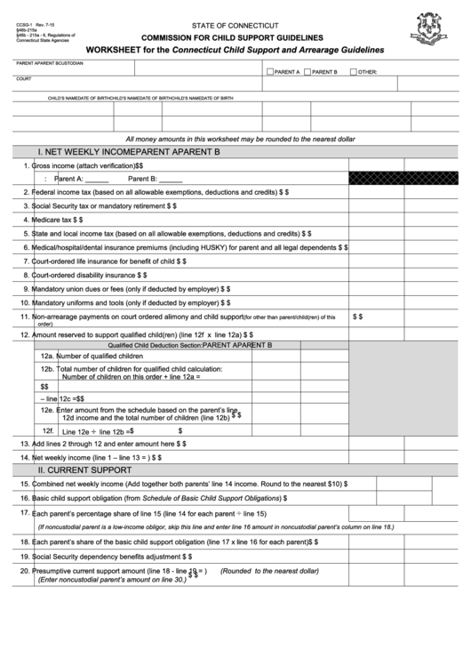 Fillable Form Ccsg-1 - Worksheet For The Connecticut Child Support And Arrearage Guidelines Printable pdf