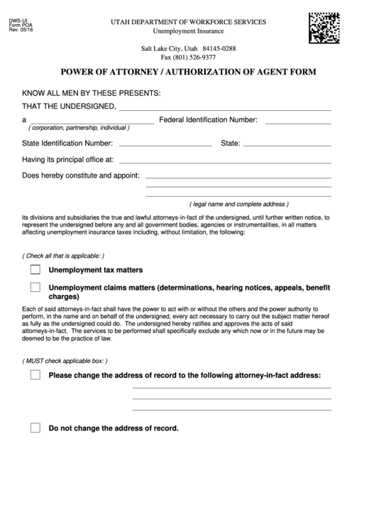 Form Poa (Rev. 05/16) - Power Of Attorney / Authorization Of Agent Form Printable pdf