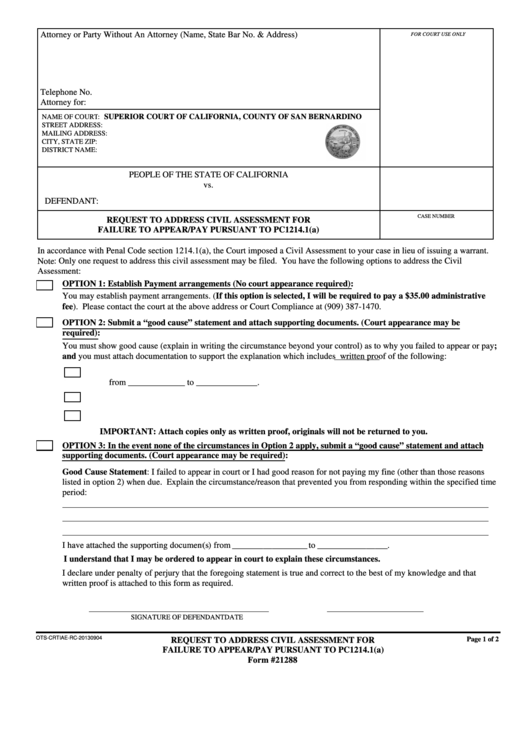 Request To Address Civil Assessment For Failure To Appear Or Pay Printable pdf