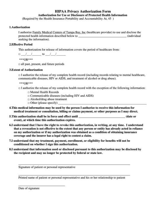 Hipaa Privacy Authorization Form - Authorization For Use Or Disclosure Of Protected Health Information Printable pdf