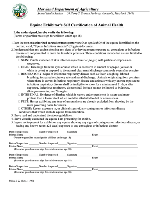 Equine Exhibitors Self Certification Of Animal Health Maryland Printable pdf
