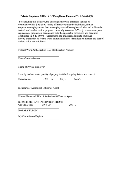 Private Employer Affidavit Form Of Compliance Pursuant To Ocga 36 Printable pdf