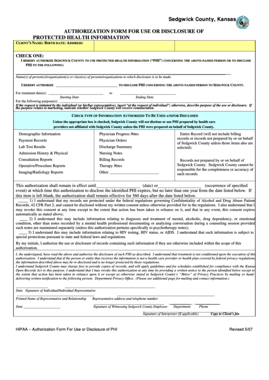 Fillable Authorization Form For Use Or Disclosure Of Protected Health Information - Sedgwick County, Kansas Printable pdf