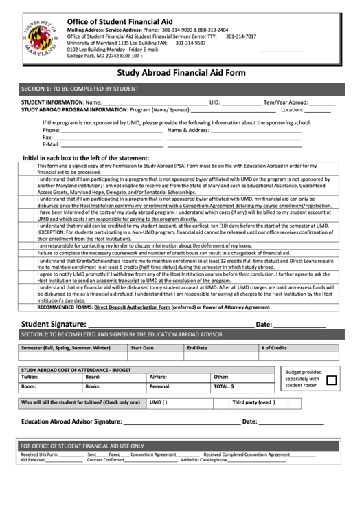 Study Abroad Financial Aid Form - The Office Of Student Financial Aid Printable pdf