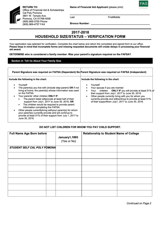 Fillable Household Size/status - Verification Form Printable pdf