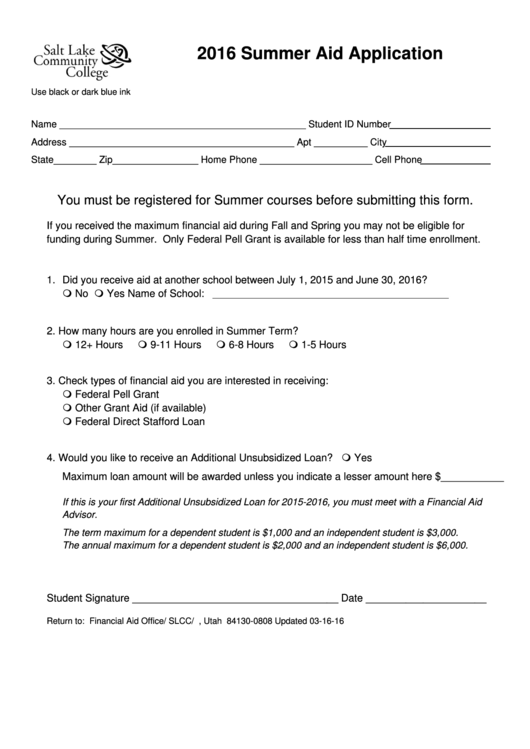 Summer Aid Application Form Printable pdf