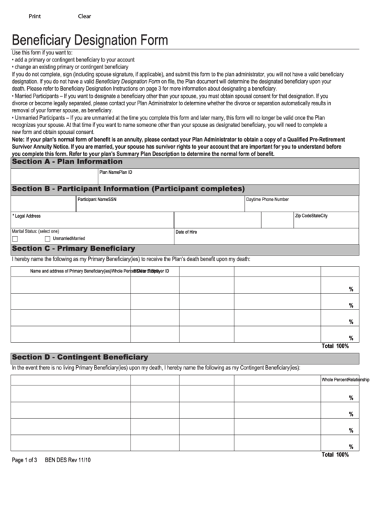 Fillable Beneficiary Designation Form printable pdf download