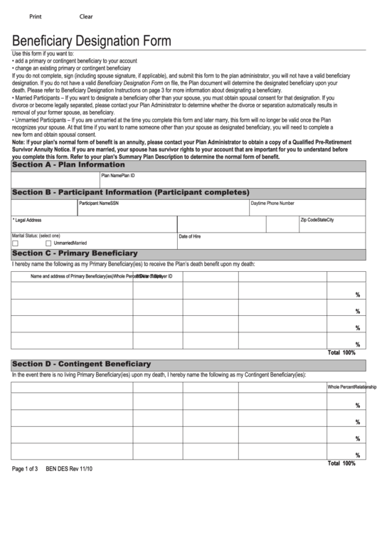 Printable Beneficiary Form Template