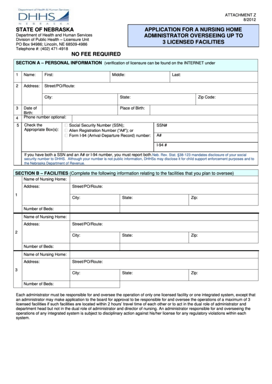 Fillable Application For A Nursing Home Administrator Overseeing Up To 3 Licensed Facilities - Attachment Z Printable pdf