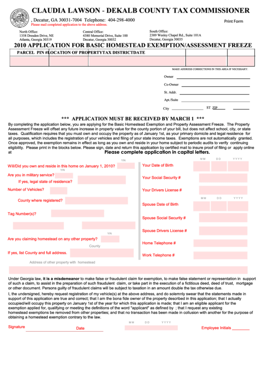 Fillable Dekalb County 2010 Application For Basic Homestead Exemption