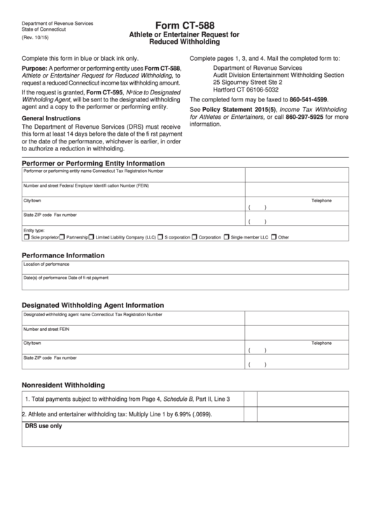 Form Ct-588 - Athlete Or Entertainer Request For Reduced Withholding Printable pdf