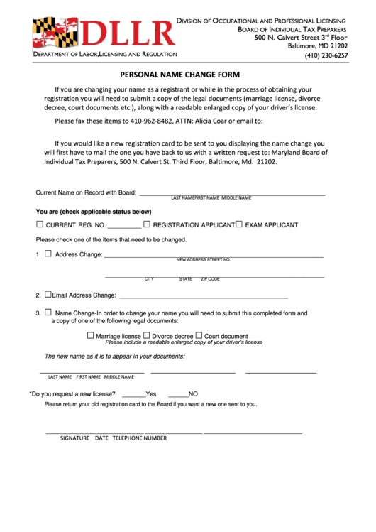Personal Name Change Form Maryland Department Of Labor Printable pdf