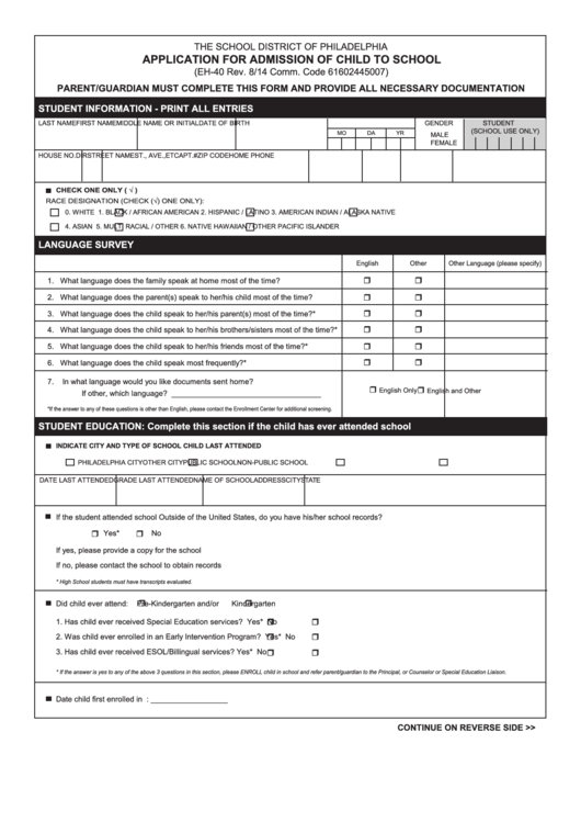 Application For Admission Of Child To School Printable pdf